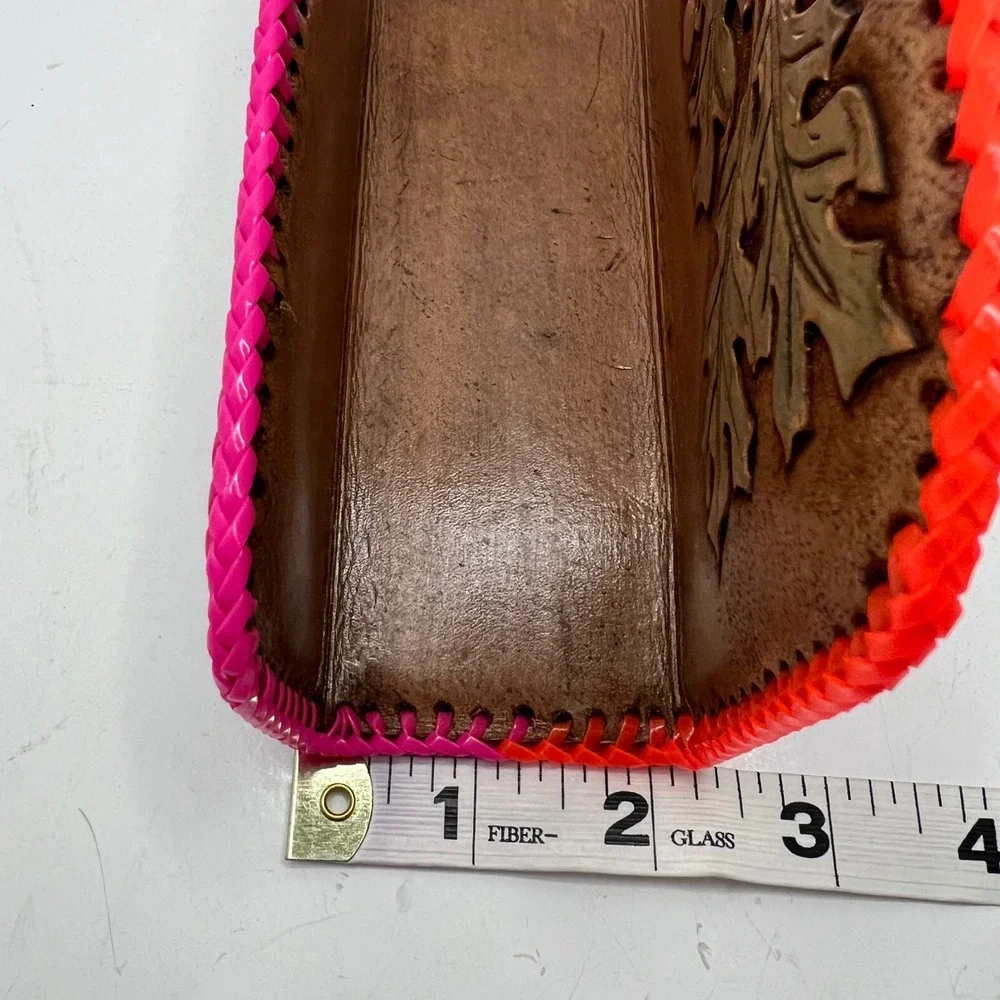 Vintage‎ Hand Tooled Leather Napkin Holder Oak Maple Leaf Neon Whipstitch Rustic